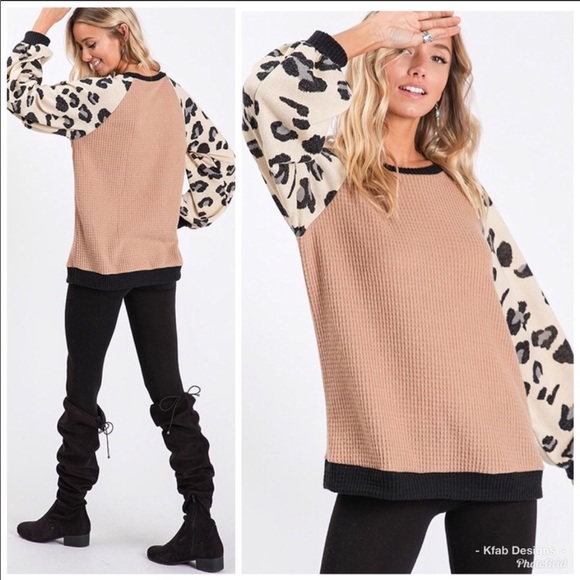 Waffle Knit Color Block Leopard Top - Picture 8 of 8